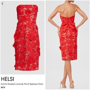 HELSI Cecilia Strapless Lace-Up Floral Applique Dress in Red